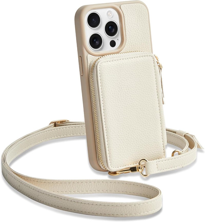 ZVE for iPhone 15 Pro Wallet Case with Card Holder, Phone Cover for Women, Zipper Leather RFID Blocking Purse with Wrist Crossbody Strap for iPhone 15 Pro (6.1 inch)- Beige - Image 1